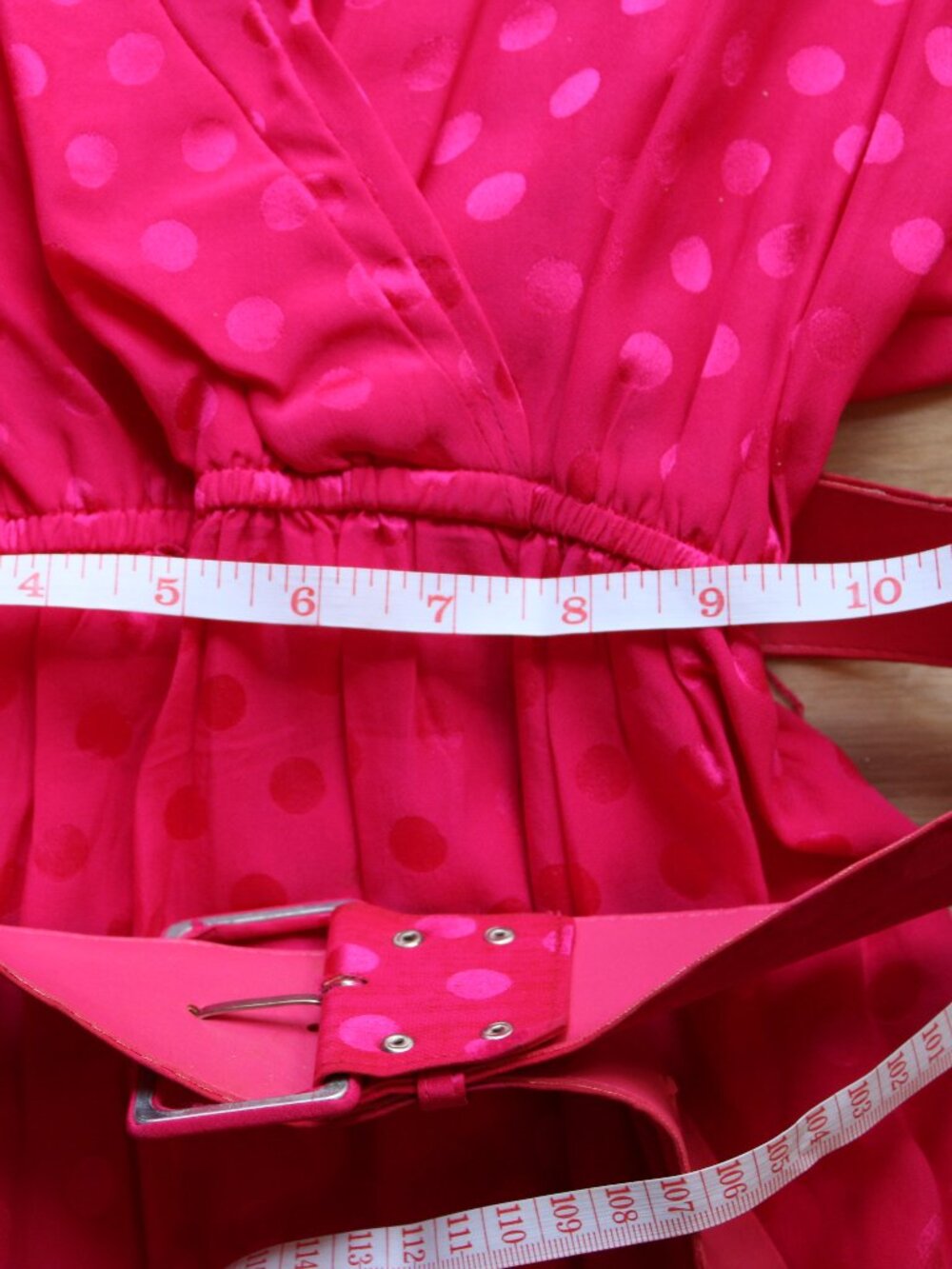 Vintage Liz Claiborne 100% Silk Hot Pink Polka-Dot Long Sleeve Midi Dress - Picture 11 of 16